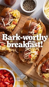 Is there anything better than bacon for breakfast? If it’s wrapped around an all-beef hotdog, plus cheesy scrambled eggs and an Aunt Millie’s Hearth Top Cut White Hot Dog Bun, the answer is “yes!” It’s all in our recipe for Breakfast hot dogs. https://auntmillies.com/recipes/breakfast-hot-dogs | Aunt Millie's Bread