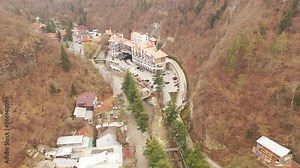 View of Borjomi resort town and Mineral water park from mountain. Georgia