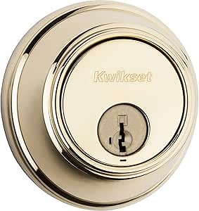 Kwikset 816 KeyControl Deadbolt Deadbolt Lock, Polished Brass Round Exterior Keyed Front Entry Door, Pick Resistant SmartKey Rekey Security, Single Cylinder Dead Bolt