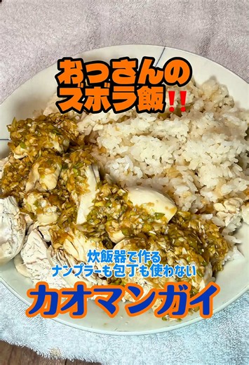 おっさんのズボラ飯‼️ 今回は炊飯器でカオマンガイ作りました😋 鶏とご飯は炊飯器にほりこんで一緒に炊くだけ‼️ タレもネギをハサミで切って、調味料と一緒にフードプロセッサー的なもんで回すだけ😁 ナンプラーも包丁も使わんけど、鶏のうま味を吸ったご飯に甘酸っぱいネギだれがよう合う。 これならズボラなおっさんでも作れます🤣 材料・分量はコメント欄へ👇 #ズボラ飯 #カオマンガイ #炊飯器レシピ #簡単レシピ