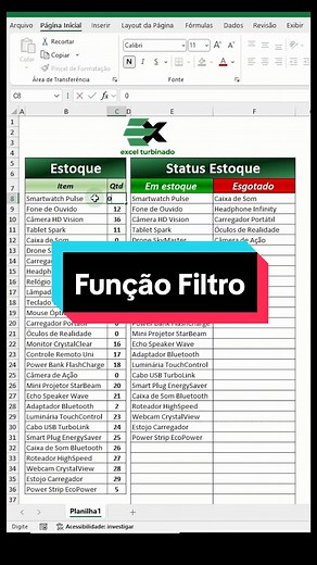 Como criar um acompanhamento de estoque no Excel usando a função Filtro!
