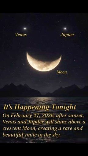 👉Just after sunset on February 27, 2026, the western sky will host a truly beautiful sight. The brilliant planets Venus and Jupiter will shine above a thin crescent Moon, creating the appearance of a glowing “cosmic smile” in the evening twilight. Venus — often known as the Evening Star — will be the brightest object in the sky after the Moon, shining like a steady white beacon. Jupiter will appear close by, glowing with a softer golden light. Beneath them, the delicate crescent Moon will curve