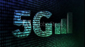 Animated 5G Concept with glassy lettering and a mobile phone signal graph and fast moving binary data background