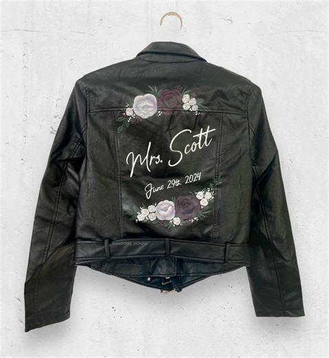 Custom Painted Bride Faux Leather Jacket, Bridal Shower Gift, Bachelorette Party Gift, Black Wedding, Boho Wedding, Dark Wedding. - Etsy