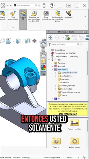 ¿Colocas pernos uno por uno y tu ensamblaje se vuelve lento y pesado? 🤯🔩 En SolidWorks, muchos evitan el Toolbox porque creen que es complicado o que “arrastra” errores al modelo 😵‍💫📉 El error común ❌ es no entender cómo funciona el Toolbox: normas mal elegidas, tamaños incorrectos o pernos sin relación real con los taladros del ensamblaje 🚫📐 El Toolbox bien usado no es desorden ✍️🧩 Funciona cuando eliges la norma correcta, definen bien los diámetros y lo combinas con relaciones estándar