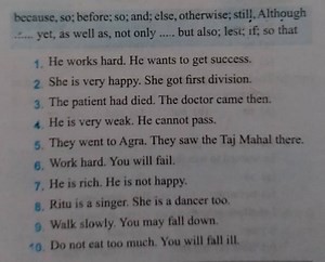 Combine the following sentences using conjunctions:He works h... | Filo