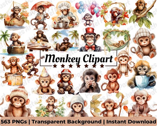 MEGA BUNDLE! 560  Cute Monkey Clipart for Nursery Decor & Kids Jungle Safari Parties | Kawaii Cartoon Animal PNG Bundle - Etsy