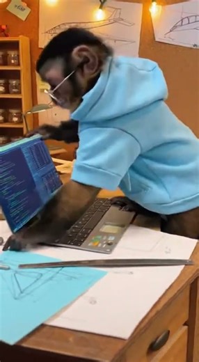 cute monkey typing computer code on a laptop, working on desi #entertaininganimals #cute