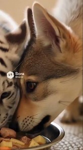 🍽️ Shared Bowl Calm: White Tiger & Little Wolfdog