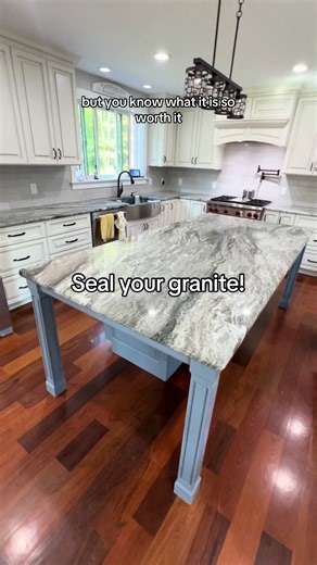 Did you know you should seal your granite? Because it is a natural stone, granite is porous. Which means it can soak in anything on it, which can leave permanent stains/marks in it. 🫣 Which is not something I want happening to our beautiful countertops that I am lowkey obsessed with 😍 It is far to easy to prevent this by sealing your countertops. Make sure to read the instructions on the sealer you choose and follow them! Happy Home maintenance! 😆 ##granite##granitecountertops##kitchendesign#