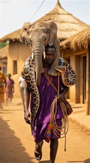 a man carrying an elephant and a python on its body using a rope