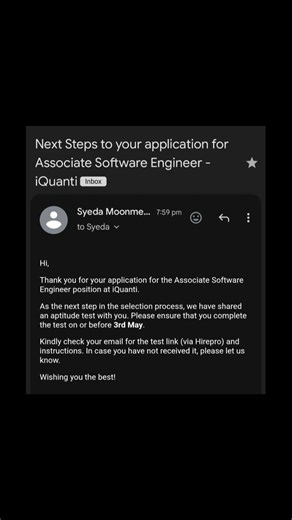 Next Steps to your application for Associate Software Engineer - iQuanti