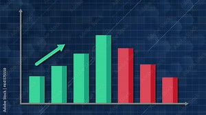 Animation of a bar graph moving upward and then downward, with blue color and square checkered and hexagon patterns, suitable for formal business presentations.