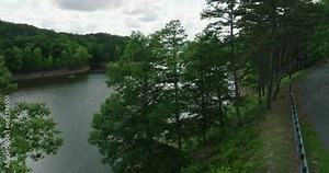 Highway Overlooking Nimrod Lake In Arkansas, United States. Aerial Tilt-up