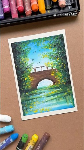 Oil Pastel Landscape Drawing Easy | Bridge Scenery Step by Step Tutorial