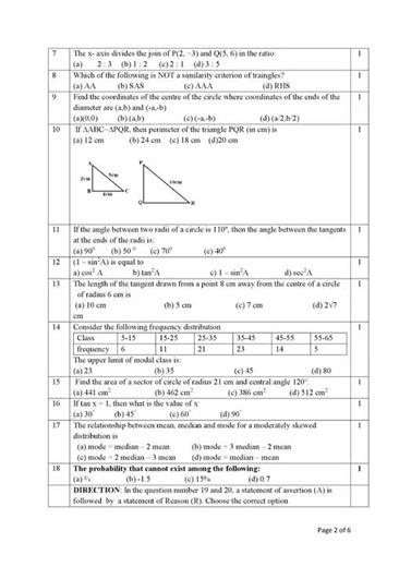 KVS Mumbai Region Class 10 Maths Basic Pre Board One Question Paper.