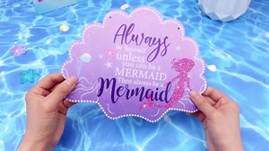 Queekay 3 Pcs Mermaid Room Decor, Mermaid Wall Decor Set for Bathroom Bedroom Sea Life Wall Art Signs with Shell Welcome Door Hanger, Ocean Theme Wooden Seaside Decorations for Home