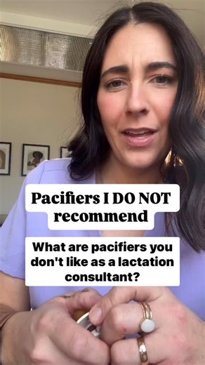 Let’s talk pacifier shapes! As an IBCLC, I typically steer families away from cherry-shaped, flat, and orthodontic pacifiers, and here’s why: these designs tend to encourage chomping rather than the rhythmic suck-swallow pattern and taco tongue we see during breastfeeding. Instead, I recommend longer, cylindrical-shaped pacifiers that promote a deeper latch and mimic the mechanics of nursing more closely. Think: drawing the pacifier deeper into the mouth vs. biting down on it at the tip. The ton