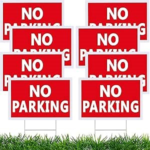 Juexica 8 Pcs No Parking Signs with Stakes 8 x 12 Inch Plastic Waterproof Outdoor Double Sided No Parking Yard Signs with Metal H Stands for Driveways Yard Lawn(White Letters on Red Background)
