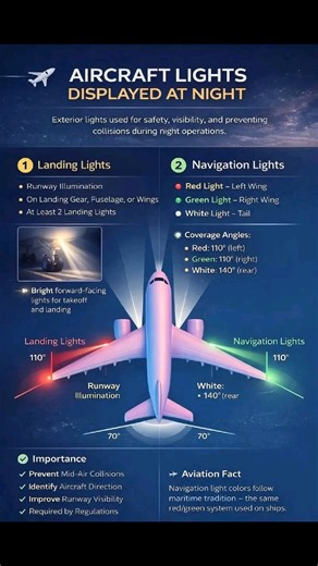 🫡🫡✈️ Aircraft Lights Displayed at Night Aircraft use different types of exterior lights for safety, visibility, and collision prevention — especially during night operations. 1️⃣ Landing Lights 🔦 Purpose: Illuminate the runway during takeoff and landing. 📍 Location: • Mounted on landing gear • Wing roots • Fuselage 💡 Very bright, forward-facing lights. Pilots typically turn them on during takeoff, landing, and below 10,000 feet. 👉 Think of them like the aircraft’s “headlights.” 2️⃣ Navigat