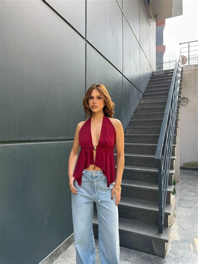 Burgundy Rhinestone Halter Top Y2K Sparkly Party Top - Etsy