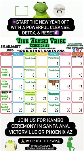 Here’s our Kambo Ceremony Calendar for the month is January 2026!🐸🎆☯️ Thursday of January 15th, we will be serving Kambo in Phoenix Arizona🏜️ Every Third Tuesday of the Month, we are hosted by @highdeserthealing760 in Victorville for our Kambo Ceremonies so 1/20 will be the next Ceremony. Join us & enjoy the Sound Healing from @entheogenic_eddie & @healing_amethyst 🎶 Thursday January 22nd, we are having our monthly KamBufo Ceremony with my Soul Brother @taotekambo serving the Toad & serenadi
