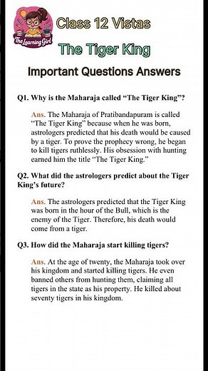 Class 12 English Vistas | The Tiger King Important Questions & Answers | Exam Preparation 2025