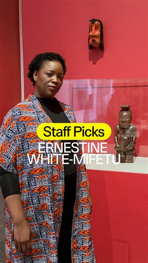 This statue is called an ndop, which is a depiction of a king or “nyim.” Seated on a platform-throne, this ndop wears or holds royal garments, including a long-brimmed headdress, knife, cowrie belt, and armbands. Ernestine White-Mifetu, Sills Foundation Curator of African Art, explains that because ndops are associated with specific dynasties, this work is a significant example of specialized Kuba court art during a particular reign, while representing the regalia, prestige, and importance of a 