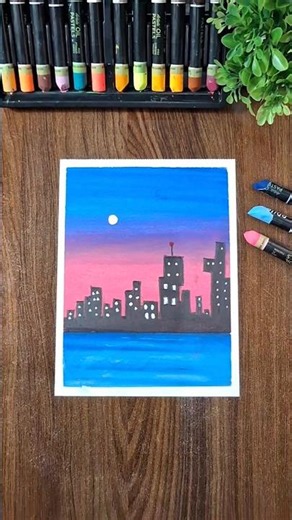 ​How to Draw City Skyline Twilight with Oil Pastels | Easy Cityscape Shading #shorts