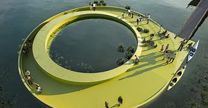 fluorescent green circular platform by höweler   yoon to float on the pennsylvanian river