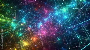 Abstract digital landscape illustrating data transfer with bright multicolored lines. Interconnected pathways on dark, starry background symbolizing high-tech connectivity. Stock Video