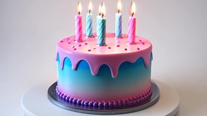 Stunning 3d icon birthday cake with a glowing pink candle and oozing blue icing on a clear backdrop, ideal for themed designs