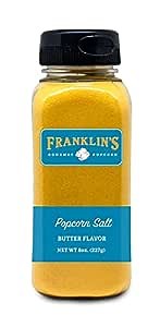 Franklin’s Gourmet Popcorn Butter Flavored Salt - 8 oz. Bottle - Premium Butter Flavored Popcorn Seasoning Salt - Vegan + Kosher - Movie Theater Popcorn Seasoning Powder Buttery Salt Made in USA