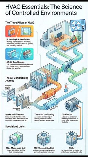 1.BASIC OF #HVAC **HVAC** stands for **Heating, Ventilation, and Air Conditioning**, a complex system designed to control the ambient conditions of a living space to ensure comfort throughout the year According to the sources, the system functions as follows: * **Heating (H):** Maintains warmth during cold winter weather ***Ventilation (V):** Ensures air quality by bringing in clean air and controlling humidity levels ***Air Conditioning (AC):** Provides cooling during hot summer periods ###**Ba
