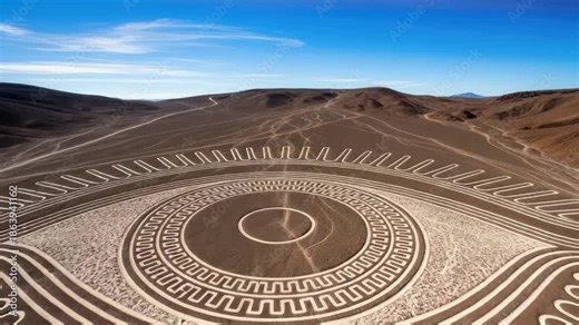 Aerial View of Nazca Lines Eye Geoglyph in Desert Landscape, Peru