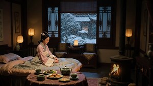 冬季下雪天的温馨府上，身为老爷的你退朝，回到卧房，让最小的妃子陪你喝一杯，赏雪景，慢慢入睡，白噪音助眠