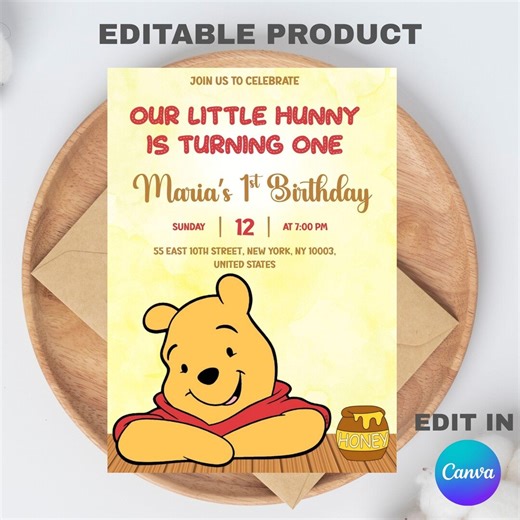 Editable Winnie the Pooh Birthday Party Invitation Template (5x7) Digital Downloadable Product - Etsy