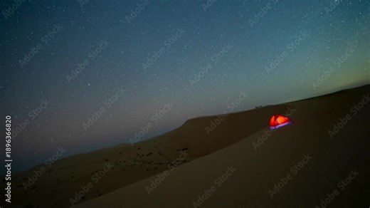 Night stars dark sky time lapse using star tracker in the desert sand dune exhibit the planet rotation around galaxy.