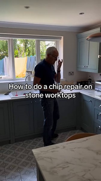 How to do a chip repair on stone worktops👨🏻‍🔧 This process might vary slightly for each stone but these are the basics steps we will carry out! #makeba #kitchen #worktops #repair #trending #fyp