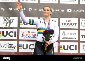 Stephanie Morton of Australia during the medal ceremony for the Women's Keirin Finals during day three of the Tissot UCI Track Cycling World Cup at Lee Valley VeloPark, London Stock Photo - Alamy