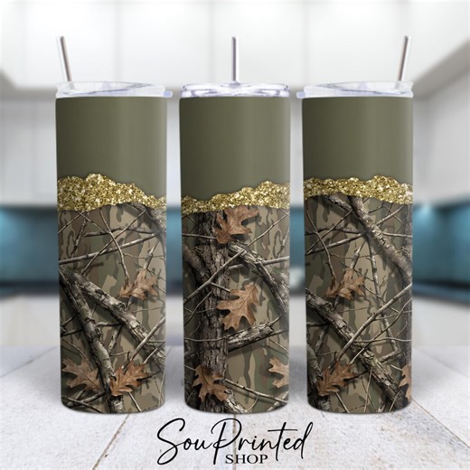 Army Camo Green Hunting 20oz Skinny Tumbler Wrap Sublimation Real Tree Camouflage Gold Glitter