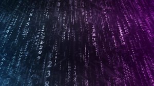 Falling random numbers matrix code in purple and blue