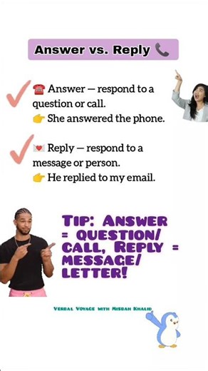 Answer vs. Reply 📞 | English Tips 💯 #englishwithmisbah #english
