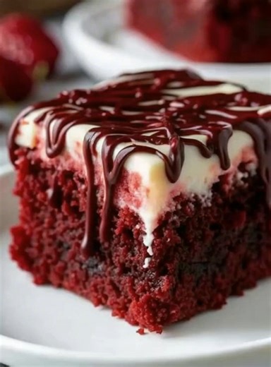 ❤️ Red Velvet Brownies Recipe — Fudgy, rich, and topped with creamy vanilla bliss and a chocolatey drizzle! Ingredients: For the brownies: 1/2 cup unsalted butter, melted 1 cup granulated sugar 2 large eggs 2 tsp vanilla extract 1 tbsp red food coloring 1/4 cup unsweetened cocoa powder 3/4 cup all-purpose flour 1/4 tsp salt For the cream cheese topping: 8 oz cream cheese, softened 1/3 cup powdered sugar 1/2 tsp vanilla extract For the chocolate drizzle: 1/2 cup semi-sweet chocolate chips 1 tbsp 