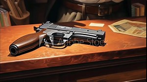 Handgun on a table, close-up view of a pistol and bullets ready for use