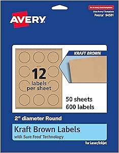 Avery Kraft Brown Round Labels, Sure Feed Technology, 2" Diameter, 600 Kraft Brown Labels, Print-to-The-Edge, Laser/Inkjet Printable