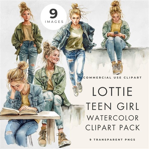 Teen Girl Clipart, Character in Various Poses, Commercial Use, Transparent Pngs, Watercolor Storybook Education Illustration, Paper Crafts - Etsy