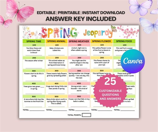 Printable Spring Jeopardy Game Template, Spring Themed Jeopardy Questions and Answers, Instant Download, Games for Kids, Adult, Seniors 05 - Etsy Canada