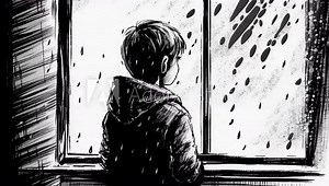 animation of lonely child standing in front of window and looking outside while it's raining