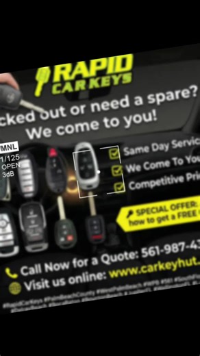 ​Need a car key replacement in Palm Beach County? Rapid Car Keys is your local mobile solution. We specialize in Transponder Keys, Key Fob Programming, Smart Keys, and Car Remotes for most makes and models. ​✅ Same Day Service ✅ We Come To You ✅ Competitive Pricing ​Ask how to get a FREE Car Key! Call 561-987-4335 for a quote now. #RapidCarKeys #561 #PalmBeachCounty #WestPalmBeach #WPB
